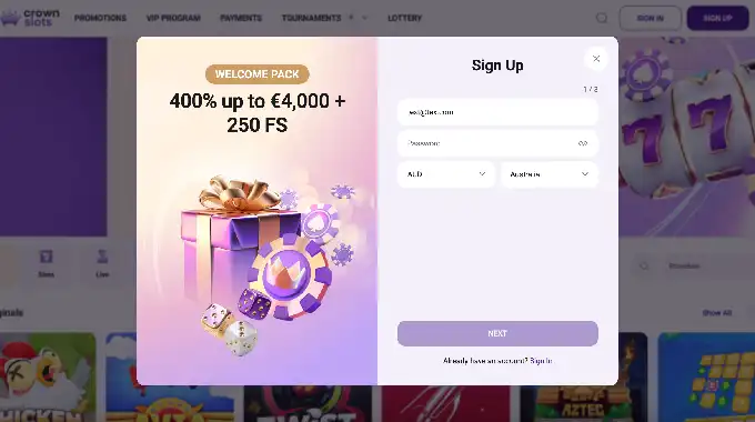 Crownslots casino: how to sign up step by step on the site