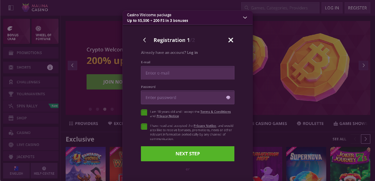 Malina casino registration form with email, password and verification steps