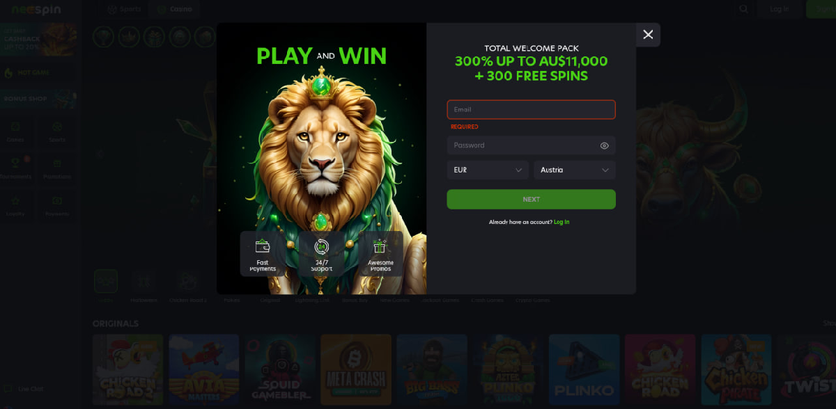 Registration process at Neospin casino step by step