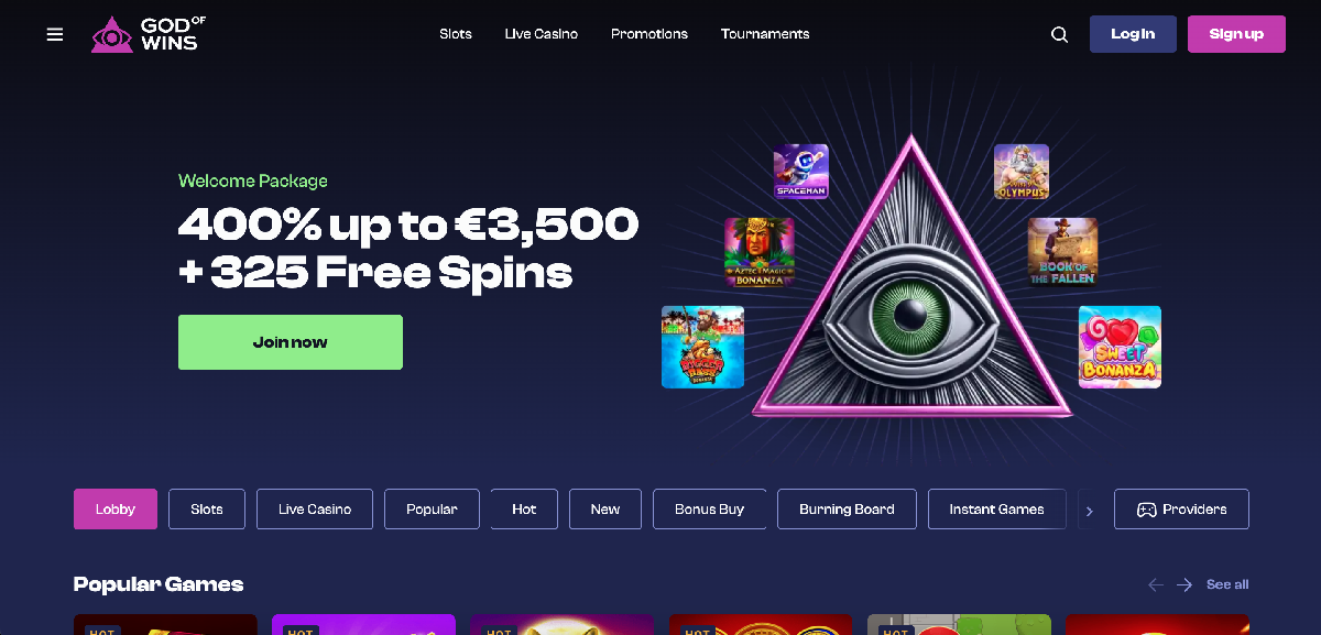 God of Wins casino homepage overview
