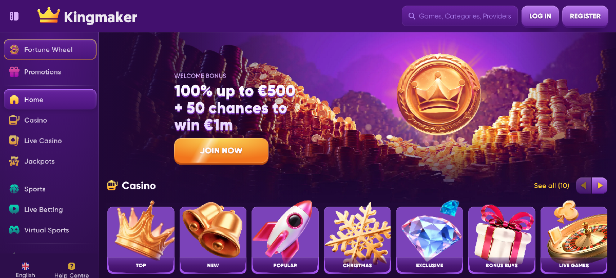 Kingmaker casino homepage with casino games and sports betting sections Kingmaker casino homepage with casino games and sports betting sections