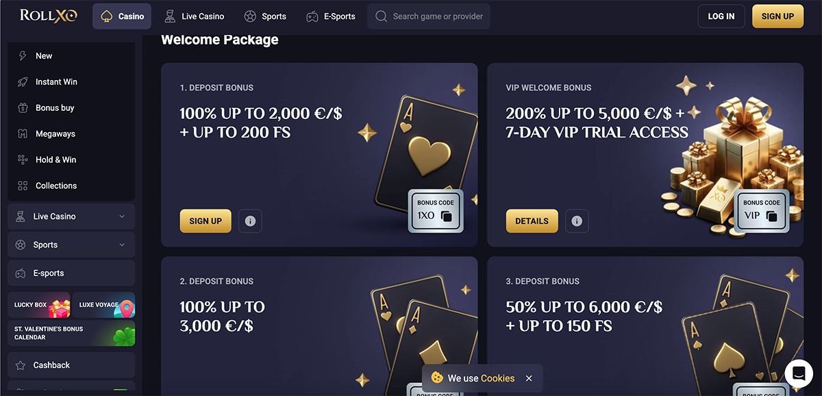 User account view at Rollxo casino after registration and successful first deposit.