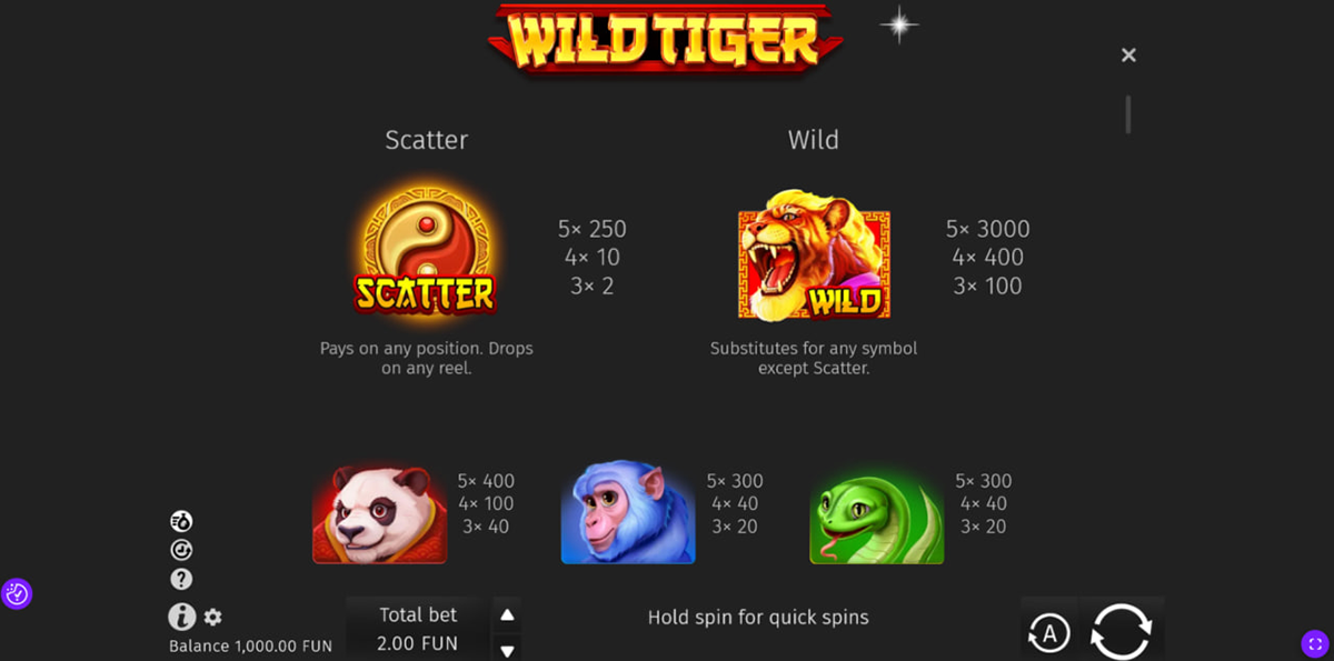 Symbols and payouts in Wild Tiger pokie including tiger wild panda monkey and scroll icons Symbols and payouts in Wild Tiger pokie including tiger wild panda monkey and scroll icons