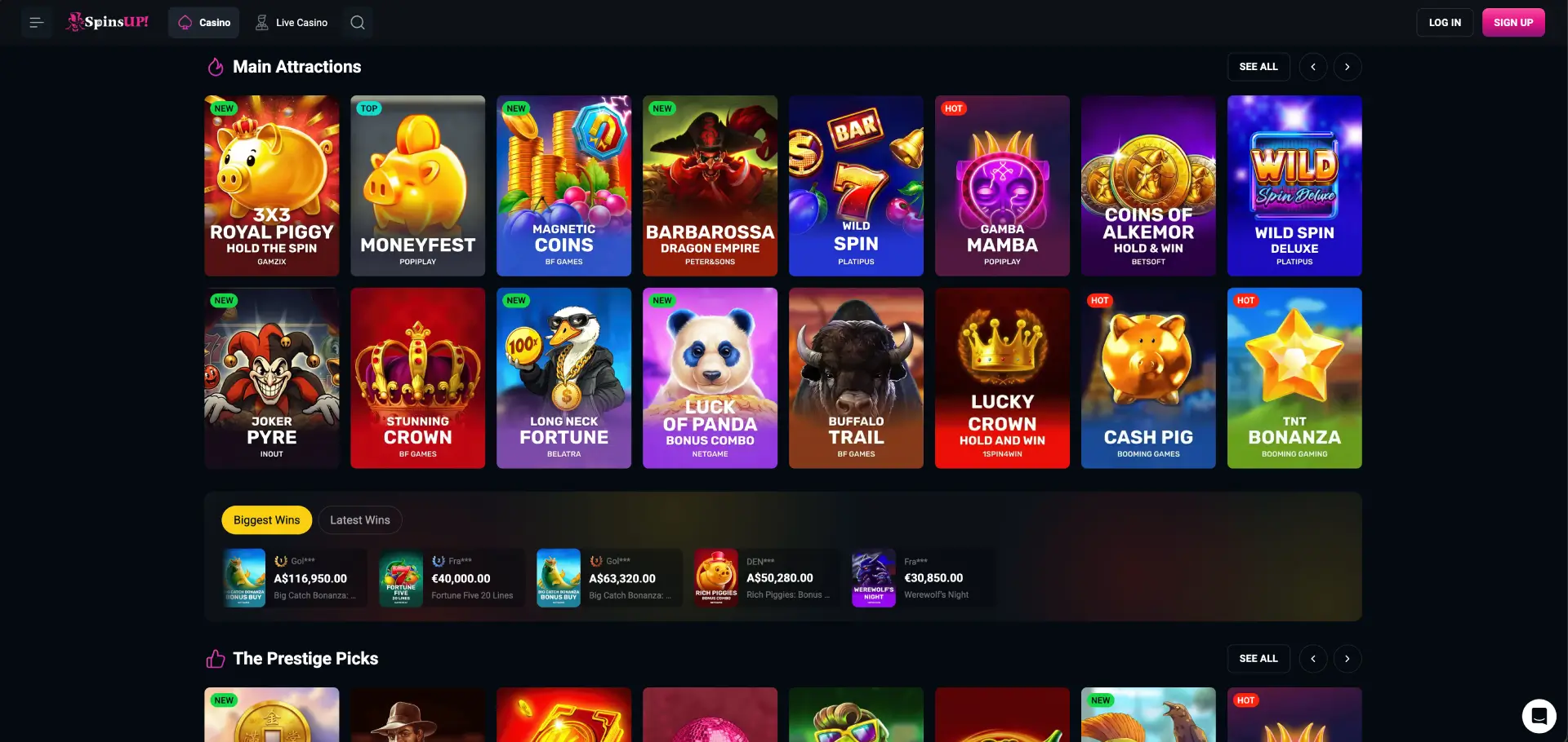 SpinsUP Casino game lobby showing Main Attractions section with slots including Moneyfest, Wild Spin and Buffalo Trail SpinsUP Casino game lobby showing Main Attractions section with slots including Moneyfest, Wild Spin and Buffalo Trail
