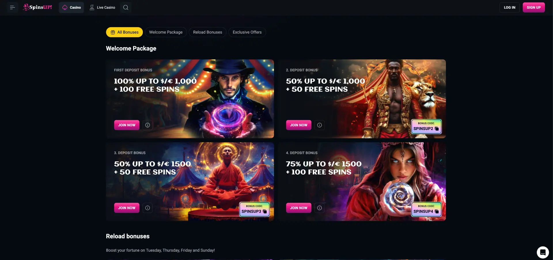 SpinsUP Casino promotions page showing welcome package and provider logos including Playson, Betsoft and Netgame SpinsUP Casino promotions page showing welcome package and provider logos including Playson, Betsoft and Netgame