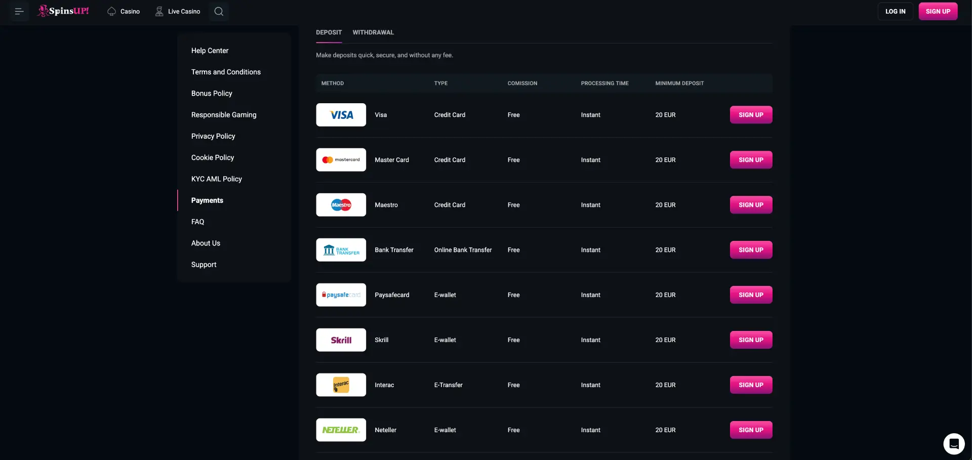 SpinsUP Casino deposit payment methods page showing Visa Mastercard Skrill Neteller Neosurf and crypto options with AUD 35 minimum SpinsUP Casino deposit payment methods page showing Visa Mastercard Skrill Neteller Neosurf and crypto options with AUD 35 minimum