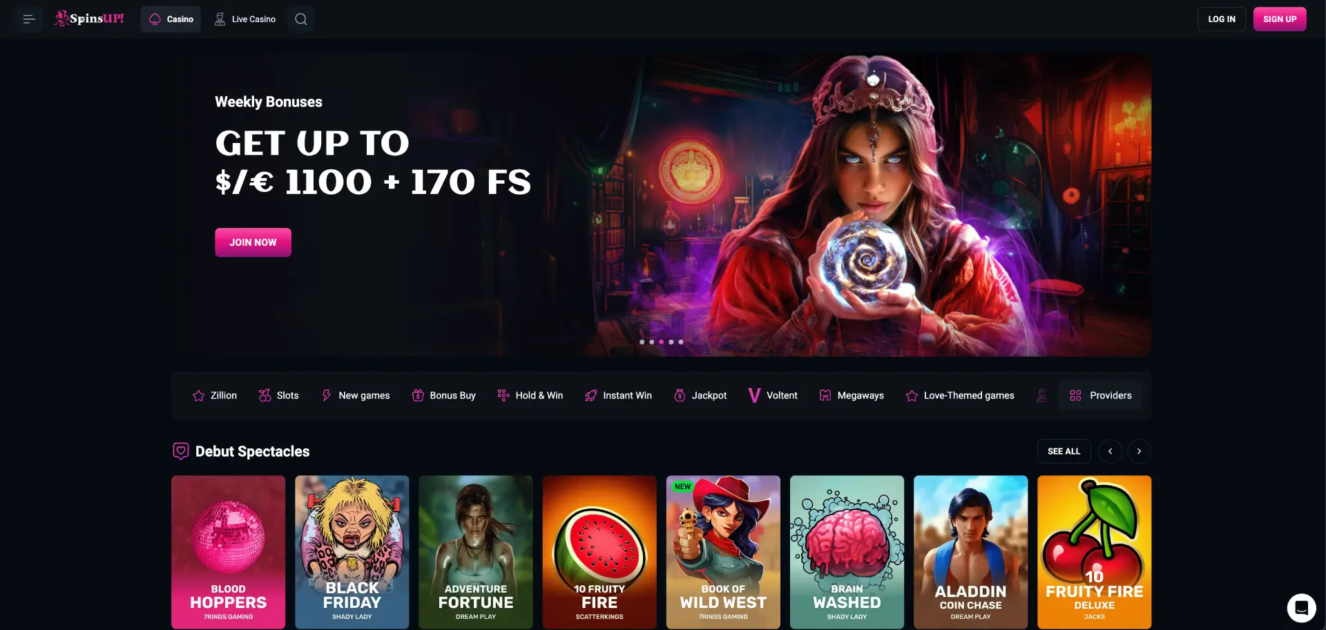SpinsUP Casino homepage with dark theme showing weekly bonus up to AUD 1925 and 170 free spins banner SpinsUP Casino homepage with dark theme showing weekly bonus up to AUD 1925 and 170 free spins banner
